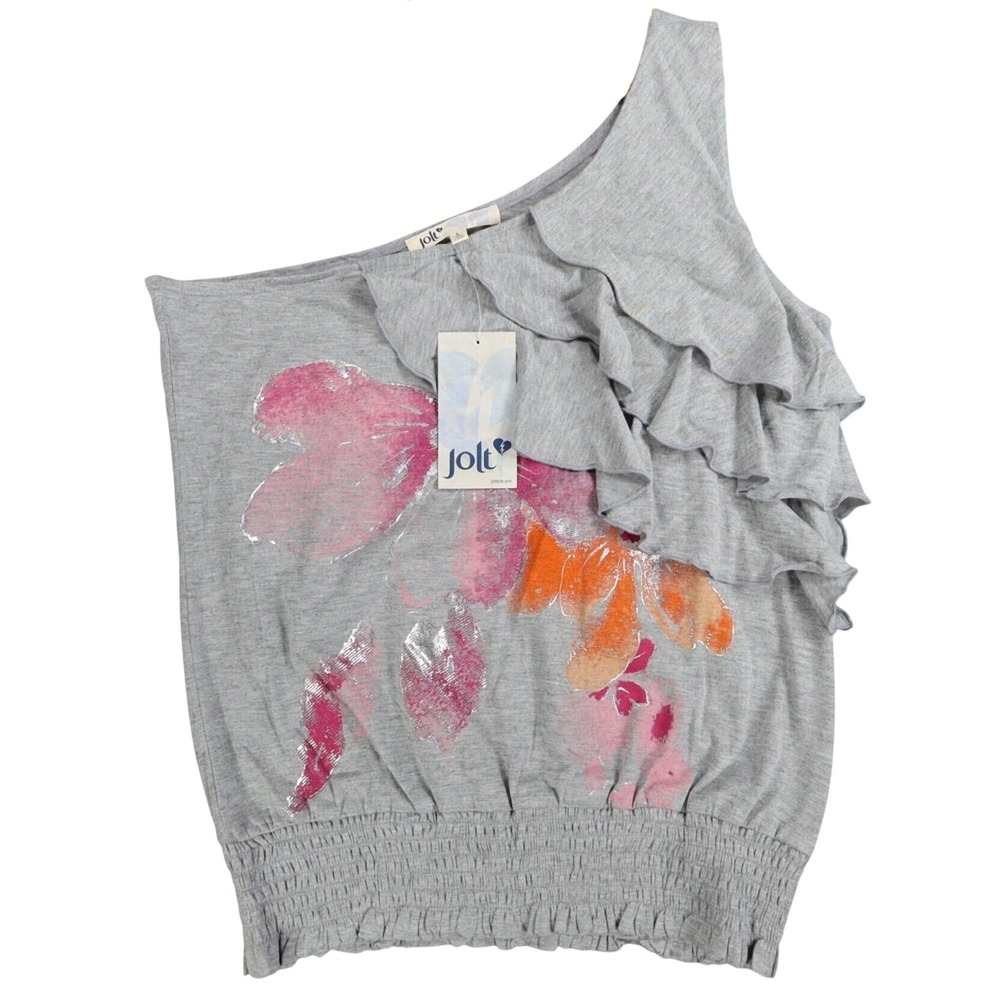 Jolt One Shoulder Top Womens Large Gray Floral Ruffle Smocked Hem NWT J0805F76